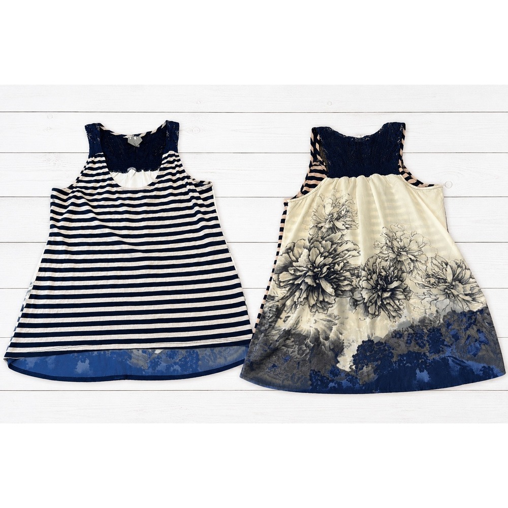 One September Anthropologie Mixed Media Striped Floral Lace Tank Top Small Navy